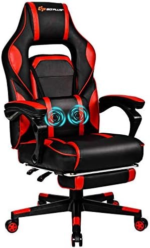 Goplus Massage Gaming Chair, Reclining Backrest, Seat Height Adjustment Racing Computer Office Chair with Footrest, Ergonomic High Back PU Swivel Game Chair (Red)