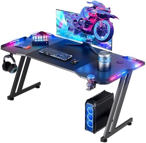 HLDIRECT 47 Inch Gaming Desk with LED Lights Carbon Fibre Surface Gaming Table Large Computer Desk Ergonomic Home Office Desks Z Shaped PC Gamer Workstations with Cup Holder & Headphone Hook