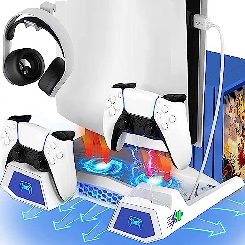 ISENPENK PS5 Stand Cooling Station, PS5 Fan Playstation 5 Controller Charger Stand, Vertical PS5 Fan Cooler Stand for Sony Playstation 5 Digital/Disc Edition, Extra USB Port, PS5 Accessories