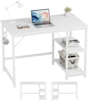 JOISCOPE Home Office Computer Desk with Wooden Storage Shelf,Small Office White Desk and Gaming Table with Splice Board,2-Tier Industrial Morden Laptop Study Writing Desk,40 x 24 inches(White Finish)