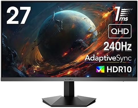 KOORUI Gaming Monitor, 27 inch WQHD 2560 x 1440 PC Computer Monitor, Up to 240Hz Refresh, 1ms, Adaptive Sync, HDR10, DCI-P3 90%, 144Hz Monitor, DisplayPort, HDMI, Tilt Adjustability, Black – GN05