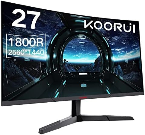 KOORUI QHD Curved 27 Inch Monitor, Fast VA Computer Gaming Monitor(2560 * 1440P, R1800, 144Hz, 1ms, DCI-P3 85%, DP+HDMI, Game Mode, Eye Protection, Rocker Button), Narrow Bezel