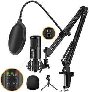 Lamoe USB Podcast Studio Condenser Mic, Recording Condenser Microphone kit with Boom Arm Sound Card 192KHZ/24Bit, Plug & Play Instrument Microphones for PC Karaoke YouTube Streaming Gaming-U188