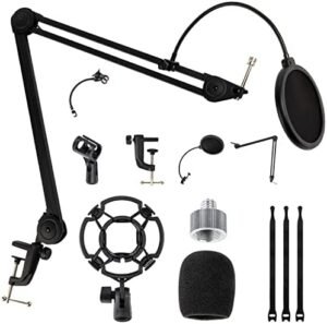 Lansdowns Microphone Arm Adjustable Mic Stand Boom Arm Mic Stand with Microphone Windscreen and Mic Pop Filter Microphone Stand Desk Adjustable for Professional Streaming, Voice-Over, Recording, Games