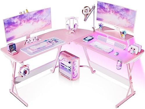 MOTPK Pink Gaming Desk with LED Lights, Carbon Fiber L Shaped Gaming Desk, Corner Gaming Table L Shape, Gamer Desk with Monitor Stand & Cup Holder & Headphone Hook, 51 Inch, for Women & Girls Gift