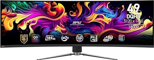 MSI MPG 491CQP QD-OLED, 49 Curved OLED Gaming Monitor, 5120 x 1440 (DQHD), OLED 0.03ms Response time, 144Hz, True Black HDR 400, HDMI, DP Port, USB Type C, Tilt, Height