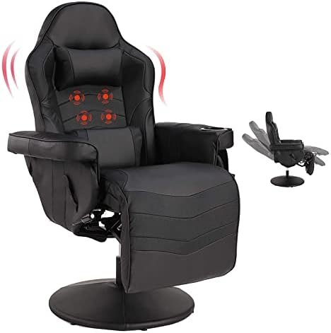 Massage Video Gaming Recliner Chair – Ergonomic Backrest & Seat Height Adjustment Swivel Recliner – PU Leather High Back Computer Office Chair with Cupholder, Headrest, Lumbar Support, Footrest