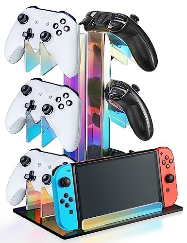 NiHome Iridescent Acrylic 3-Tier Game Controller Holder Headset Stand for PS5 Xbox ONE Switch, Universal Game Controller Organizer Stand Anti-Slip Stable Gaming Accessories Stand (Black Base)