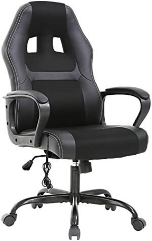 PC Gaming Chair, Ergonomic Office Chair, Gaming Chair on Wheels,Task Rolling Swivel Computer Chair with Lumbar Support Headrest,PU Leather Executive High Back Computer Chair for Adults, Black