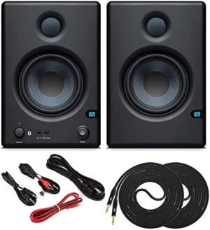 PreSonus Pair ERIS E4.5 BT 4.5 Active Bluetooth Media Reference Monitors with Stereo Cable Kit and 2x TS/TS Instrument Cables – Wireless Streaming Sound from a Smartphone, Tablet, Laptop