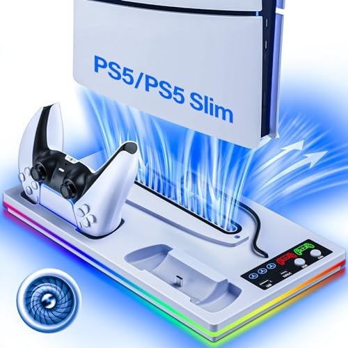 Ps5/ Ps5 Slim Cooling Station with RGB LED, Ps5 Cooling Stand and Controller Charging Station for PS5/ Slim Disc & Digital Edition, PS5 Cooler Fan Accessories for Playstation 5 Slim, USB Hub, Screw