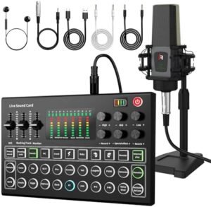 RHM Podcast Equipment Bundle, All-in-One Audio Interface DJ Mixer with Microphone, Stand, Monitor Earphone, Audio Mixer With Sound card for PC/Laptop/Phone, Streaming/Podcasting/Gaming