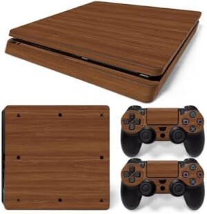 ROIPIN Skin for PS4 Slim Version Console Controllers, Vinyl Sticker for Play-Station 4 Slim Skins, Wrap Decal Cover Protective Accessories for Playstation 4 Slim（Brown Grain）