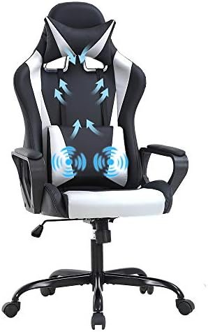 Racing Style Gaming Chair Office Chair High Back Computer Chair Leather Desk Chair Ergonomic Executive Chair Adjustable Video Game Chair Swivel Task Chair w/Headrest and Massage Lumbar Support, White