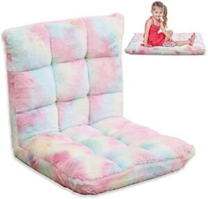 Recline Floor Chair with Plush Faux Fur Upholstery, 6-Position Pink Gaming Floor Chair for Kids, Teens, Girls, Adults, Tie Dye Rianbow