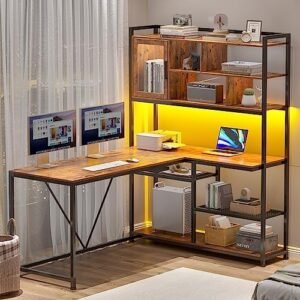 SEDETA L Shaped Computer Desk, 58” Office Desk with LED Light and Bookshelf, L Shaped Corner Desk with Storage Shelves for Home Office, Gaming Desk, L Desk, Rustic Brown