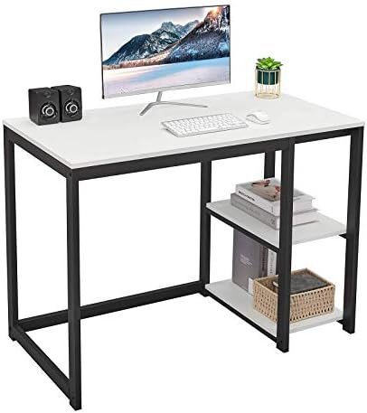 SINPAID Computer Desk 40 inches with 2-Tier Shelves Sturdy Home Office Desk with Large Storage Space Modern Gaming Desk Study Writing Laptop Table, White Desk