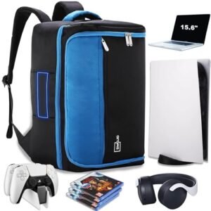 SWOJG Travel Backpack for PS5, 15.6” Laptop Large Carrying Case Storage Bag, Compatible with Playstation 5 Disc/Digital/Slim Edition Console, Controller, Base, Headset, Game Discs, Gaming Accessories