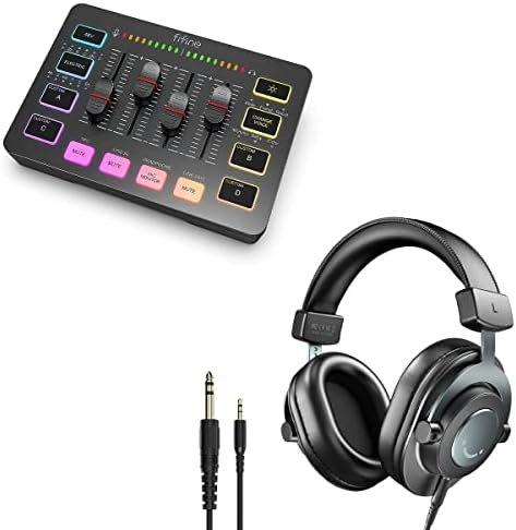 Studio Monitor Headphones and Streaming 4-Channel RGB Mixer，FIFINE Gaming Audio Mixer with Volume Fader on Mac and PC,for Game Voice,Recording,Over Ear Wired Headphones for Podcast Monitoring（H8+SC3）