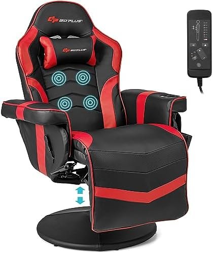 TOMANOR Gaming Recliner Adjustable Massage Gaming Chair with Cup Holder Footrest Ergonomic Single Sofa Living Room Home Theater Seating with Side Pouch, Red