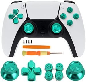 TOMSIN Metal Buttons Replacement Kit for PS5 Controller – Aluminum Thumbsticks & O X Square Triangle & Dpad Buttons Accessories Compatible with Playstation 5 DS Controller (Green)