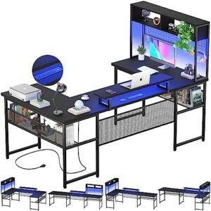 Unikito U Shaped Desk with Hutch, Reversible L Shaped Computer Desk with Power Outlets and LED Strip, Large Office Table with Monitor Stand and Storage Shelves, 83 Inch U Shape Gaming Desk, Black