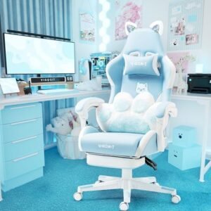 Vigosit Cute Gaming Chair with Cat Paw Lumbar Cushion and Cat Ears, Ergonomic Computer Chair with Footrest, Reclining PC Game Chair for Girl, Teen, Kids, Blue