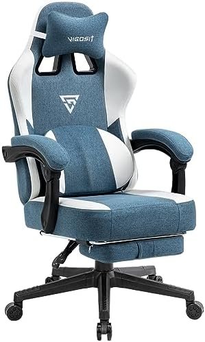 Vigosit Gaming Chair with with Pocket Spring Cushion, Fabric Gamer Chair with Footrest and Lumbar Support Pillow, Computer Game Chairs for Adults, Big and Tall Office Chair Gaming 300LBS (Blue)