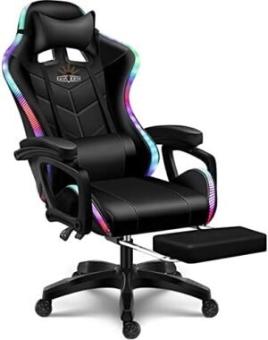 WLYMQFC Gaming Chair with Speakers, Gaming Chair LED Lights – PU Leather Recliner 360°Swivel Function Ergonomic Video Game Chairs with Headrest Armrest Electric Massage Office Chair,Black