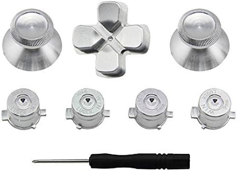 Metal Analog Bullet Buttons ABXY Buttons + ThumbStick Caps Joystick Thumb Grip + D-pad Repair Buttons for Playstation 4 PS4 Slim Pro Gamepad Controller (Silver)