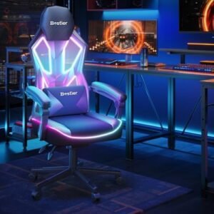 Bestier Gaming Chair with RGB LED Lights, Breathable Fabric Computer Chair with Pocket Spring Cushion and Linkage Armrests, Gaming Chairs for Adults with Adjustable Lumbar Support(Black)