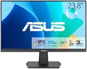 ASUS 24” (23.8-inch viewable) 1080P Eye Care Monitor (VA24EHF) – IPS, Full HD, Frameless, 100Hz, 1ms, Adaptive-Sync, for Working and Gaming, Low Blue Light, HDMI, VESA Mountable, Tilt, BLACK (Renewed)