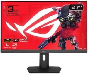 ASUS ROG Strix 27” 1440P HDR400 USB-C Curved Gaming Monitor (XG27WCS) – QHD (2560 x 1440), 180Hz, 1ms, Fast VA, 125% sRGB, DCI-P3 95%, ELMB Sync, FreeSync, DisplayWidget, Tripod Socket, 3yr Warranty