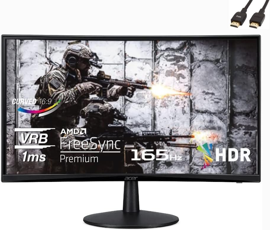 Acer Nitro ED-Series 23.6 FHD 1500R Curved Gaming Monitor, AMD FreeSync Premium, 165Hz Refresh Rate, 1ms (VRB), 1920 x 1080, ZeroFrame Design, Black, with 5ave HDMI Cable