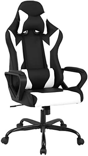 BMS PC Gaming Ergonomic Office Chair Executive PU Leather High Back Computer Chair Racing Desk Chair with Lumbar Support Armrest Rolling Swivel Chair for Women Adults ，White