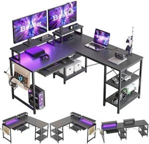 Bestier 95″ L Shaped Gaming Desk with Led Light, Computer Corner Desk or 2 Person Long Table with Shelves Monitor Stand and Keyboard Tray for Home Office, Carbon Fiber Black