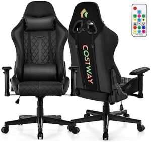 COSTWAY Gaming Chair with RGB LED Lights, Ergonomic Video Game Chair with High Back Lumbar Support, Adjustable Height, Swivel PU Leather Computer Office Chair for Gaming Working Studying