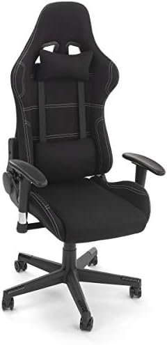 Displays2go Racing Style Gaming Chair for Office and Home Desk, Ergonomic Adjustments and Lumbar Support Pillow, Fabric Seat – Black (FDGAMECHGY)