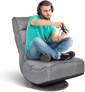 ERGOMASTER Reclining Folding Floor Gaming Chair for Home, Office and Lounging, Reading w/ 360-Degree Swivel, 4 Adjustable Positions, Tufted Cushions （Gray）