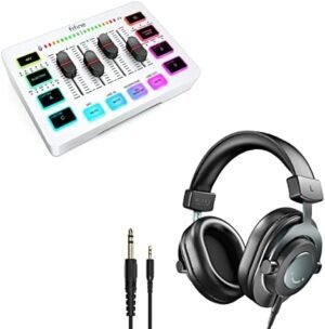 FIFINE Audio Mixer and Studio Monitor Headphones,Gaming PC Mixer with Slider Fader,XLR Microphone Interface,for Video/Game Voice/Recording,Over Ear Wired Headphones for Podcast,Streaming(SC3W+H8)