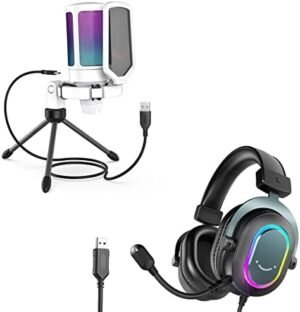 FIFINE RGB Microphone, USB Wired Headset, AmpliGame RGB Streaming Podcasting Condenser Mic for Online Game, Streaming Headphones on PS4/PS5, with EQ Mode, RGB, Soft Ear Pads-White (A6W+H6)