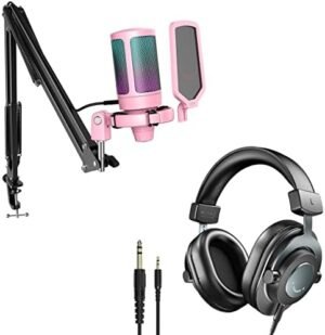 FIFINE Streaming Microphone Set and 3.5mm/6.35mm Studio Headphones, Recording Gaming Kit Bundle for Podcasting, Condenser Mic, Monitoring Headphones with Adjustable Headband-Pink (A6TP+H8)