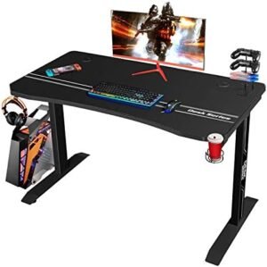 Furmax 44 Inch Gaming Desk T-Shaped PC Computer Table, Home Office Desk Carbon Fibre Surface Workstation with Free Full Coverage Mouse Pad, Cup Holder and Headphone Hook, Black