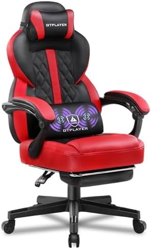 GTPLAYER Gaming Chair,Ergonomic Computer Desk Chair with Footrest and Massage Lumbar Support, High Recliner Chair with 360° Swivel Seat and Headrest (Red)