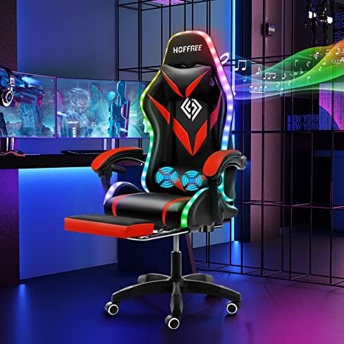 Gaming Chair Massage with Bluetooth Speakers and Led Lights Ergonomic Computer Gaming Chair with Footrest RGB Video Game Chair with High Back Lumbar Support Red and Black