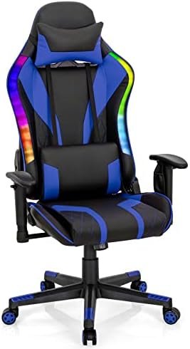 Giantex Gaming Chair with RGB LED Lights, Ergonomic Video Game Chair, High Back PVC Leather E-Sport Computer Chair Adjustable w/Headrest & Lumbar Support (Blue)