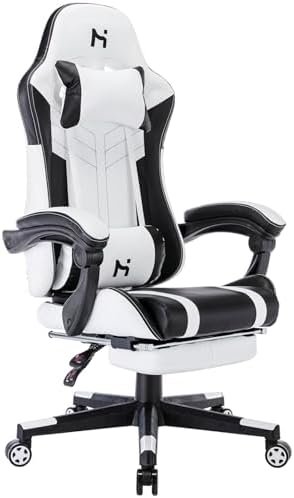 HLDIRECT Gaming Chair, Video Game Chair, Gamer Computer Chair, Ergonomic Gaming Chairs for Adults with Headrest and Lumbar Support, Swivel PU Leather Office Chair, Black & White