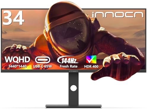 INNOCN 34″ Ultrawide WQHD 3440 x 1440p 144hz PC Gaming Monitor Adaptive-Sync G-SYNC Compatible, USB C, HDMI 2.0, DP 1.4, USB Hub, PIP/PBP, Built-in Speaker, Height Adjustable, Eye Care