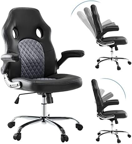 JHK Gaming Chair Ergonomic Office Chair, PU Leather Gamer Chair with Padded Flip-up Armrests and Lumbar Support, Height Adjustable Computer Desk Chair PC Gaming Chair for Adults Teens, Grey