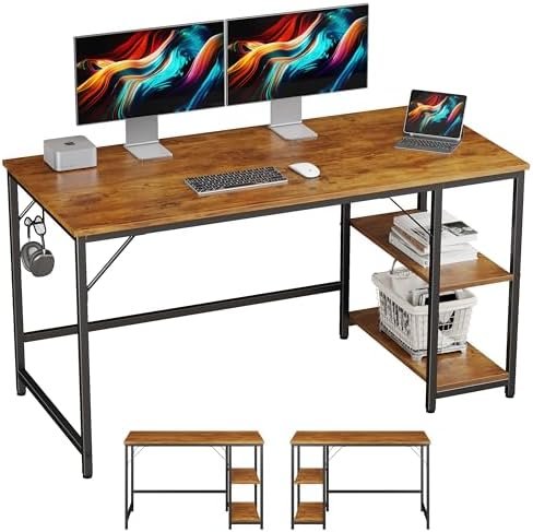 JOISCOPE Home Office Computer Desk with Wooden Storage Shelf,Office Desk and Gaming Table with Splice Board,2-Tier Industrial Morden Laptop Study Writing Desk,55 x 24 inches(Vintage Oak)